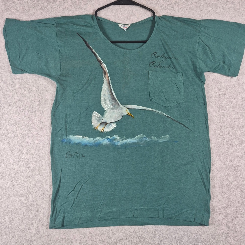 Vintage Blue Diamond T Shirt Mens Small Green Cartagena Colombia Seagull Painted